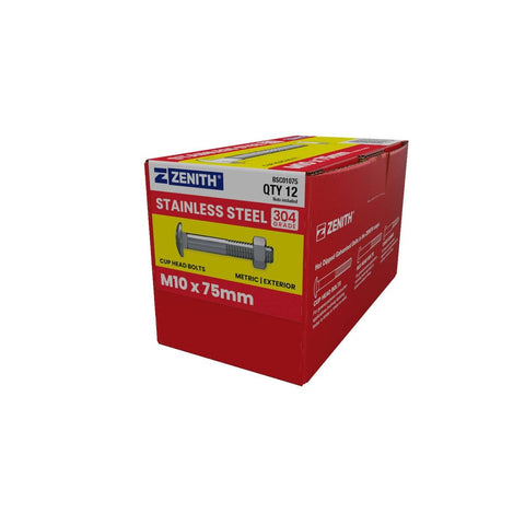 Zenith Stainless Steel 304 Grade M10 x 75mm Cup Head Bolts & Nuts - SuperSaverAU - view 1