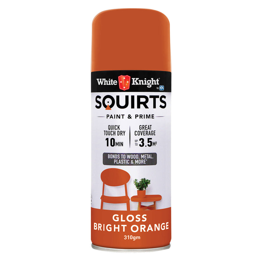 White Knight Squirts Bright Orange Gloss Spray Paint 310g - Solvent-Based, Waterproof