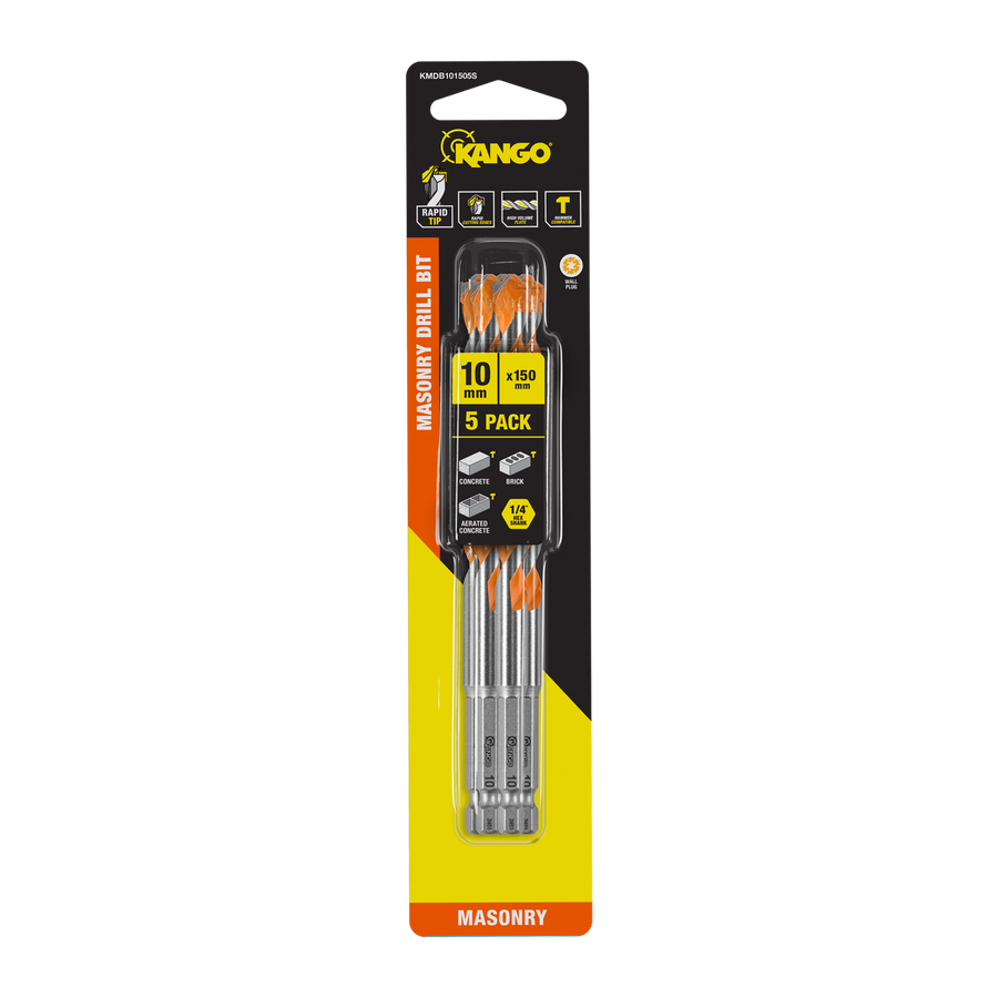 Kango 10 x 150mm Masonry Drill Bit 5 Pack - Carbide Tip, 1/4" Hex Shank