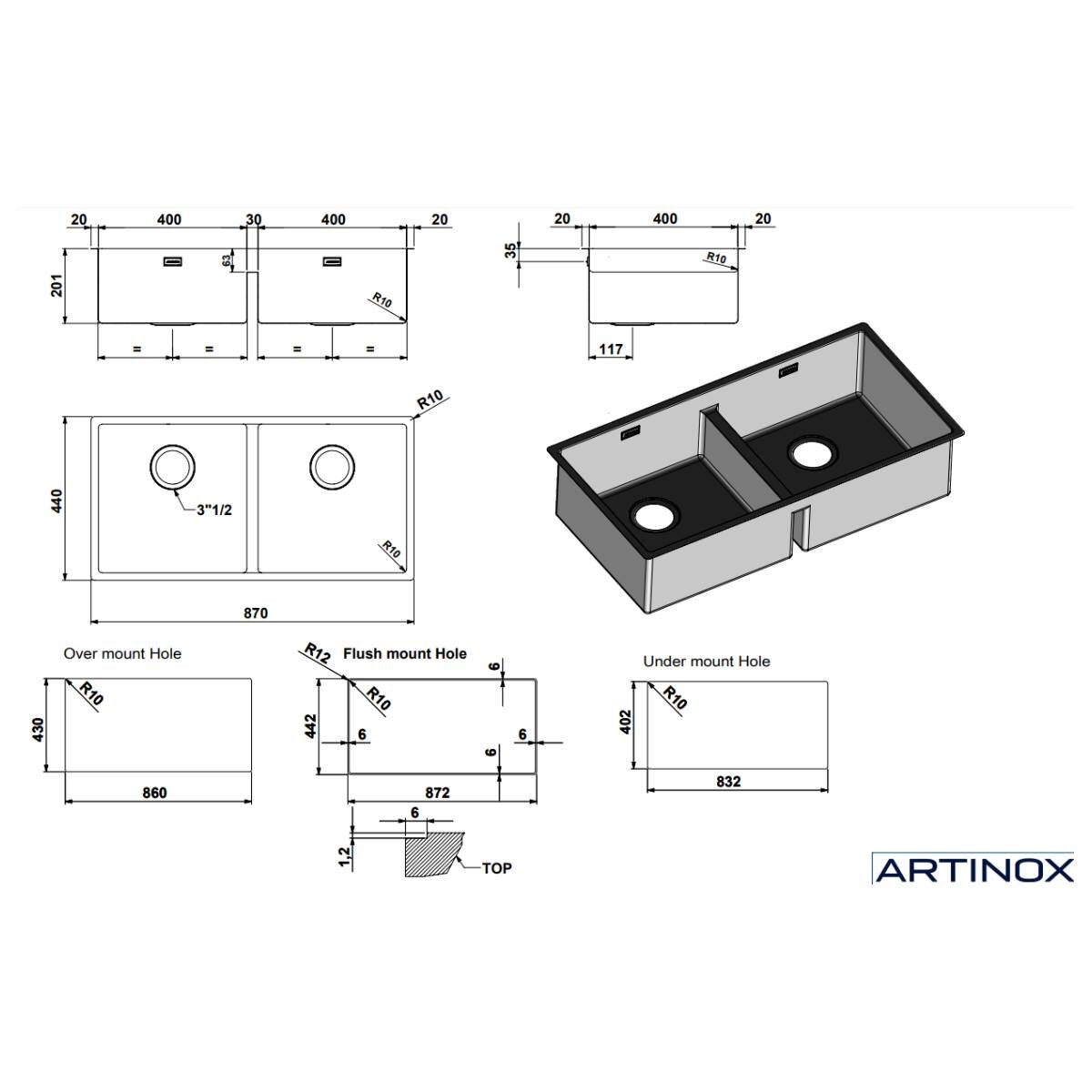 Artinox Radius 40 Double Bowl Stainless Steel Sink - 70% Recycled Steel, Sound Deadening - ARTRMO4040