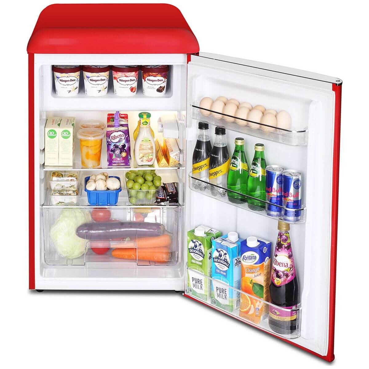 Husky 118L retro style bar fridge - red, 12L freezer compartment, adjustable shelves - HUSRET135RDHU