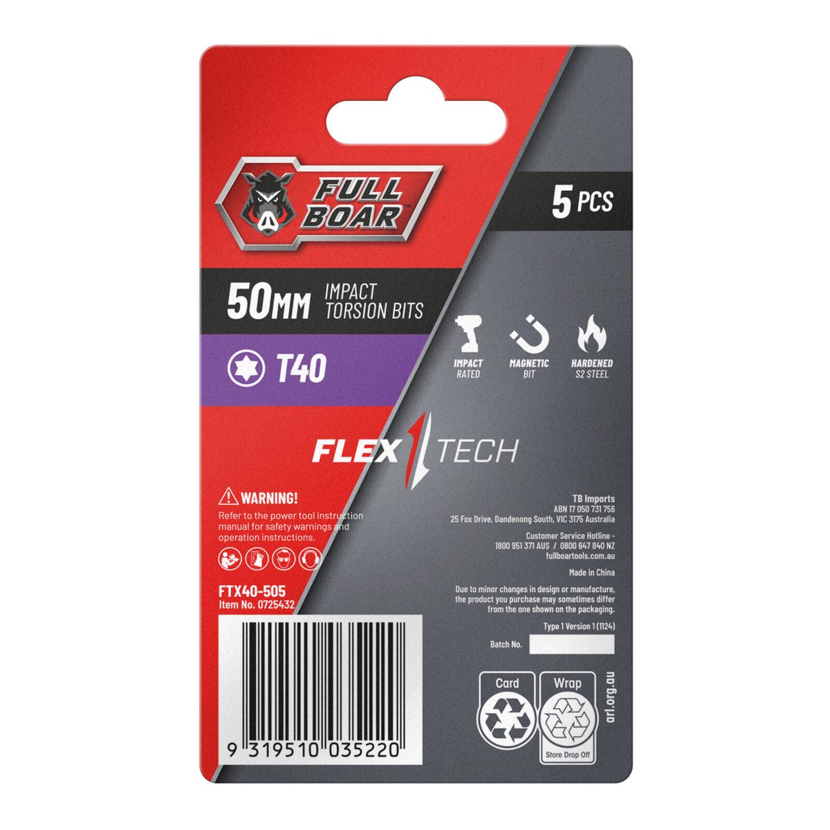 Full Boar Impact Torsion Bits Set - T40 x 50mm - 5 Pack - Durable S2 Steel - SuperSaverAU - view 2
