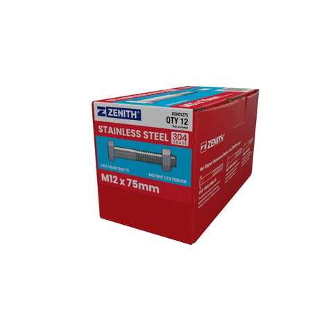 Zenith M12 x 75mm Stainless Steel 304 Hex Head Bolts & Nuts 12 Pack - SuperSaverAU - view 1