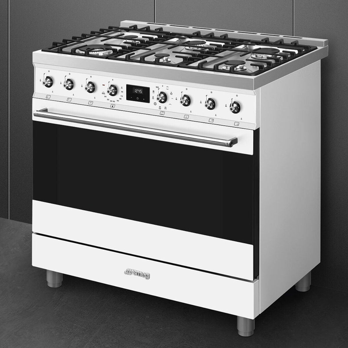 Smeg 90cm Classic Dual Fuel Freestanding Oven - White, Six Burners, 126L Capacity - CS9GMWHA2