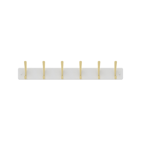 Mode 6 Hat and Coat Rack - 4 Hooks - 450mm x 70mm - Brushed Brass on White Board - SuperSaverAU - view 1