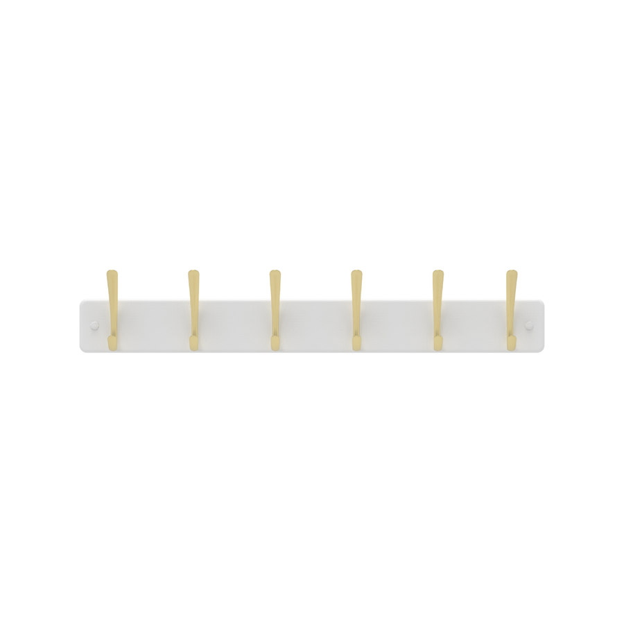 Mode 6 Hat and Coat Rack - 4 Hooks - 450mm x 70mm - Brushed Brass on White Board - SuperSaverAU - view 1