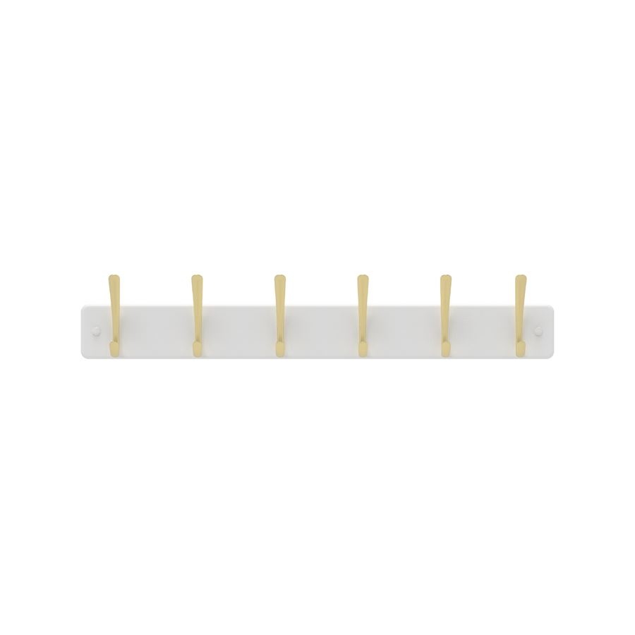 MODE Hat & Coat Rack - 6 Brushed Brass Hooks on White Board