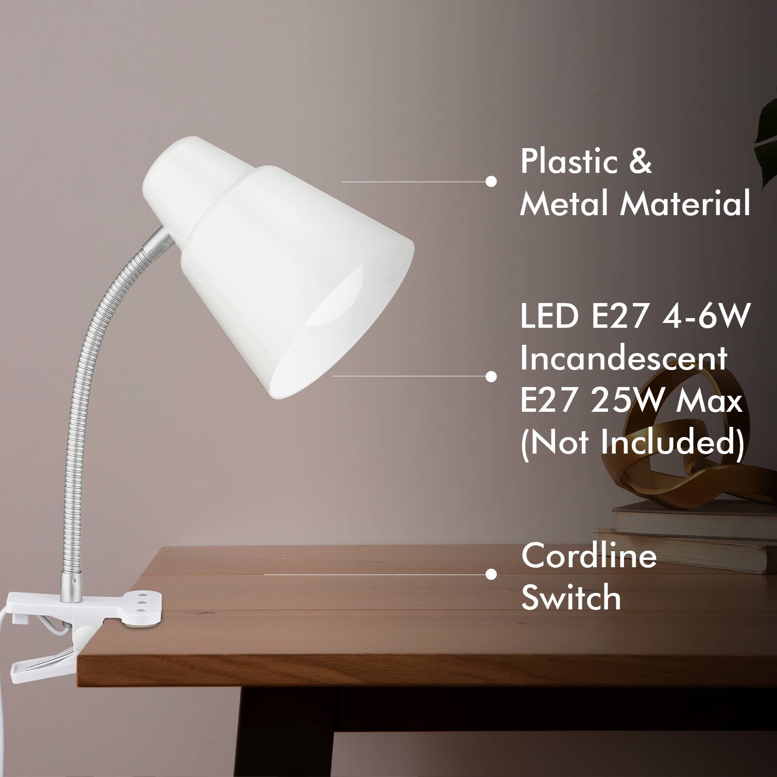 Verve Design Brylee White Adjustable Clamp Lamp 25W Plastic & Metal ATL154WH