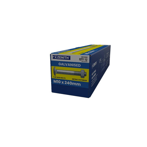 Zenith Cup Head Bolts - M10 x 240mm - Hot Dipped Galvanised - 12 Pack - SuperSaverAU - view 1