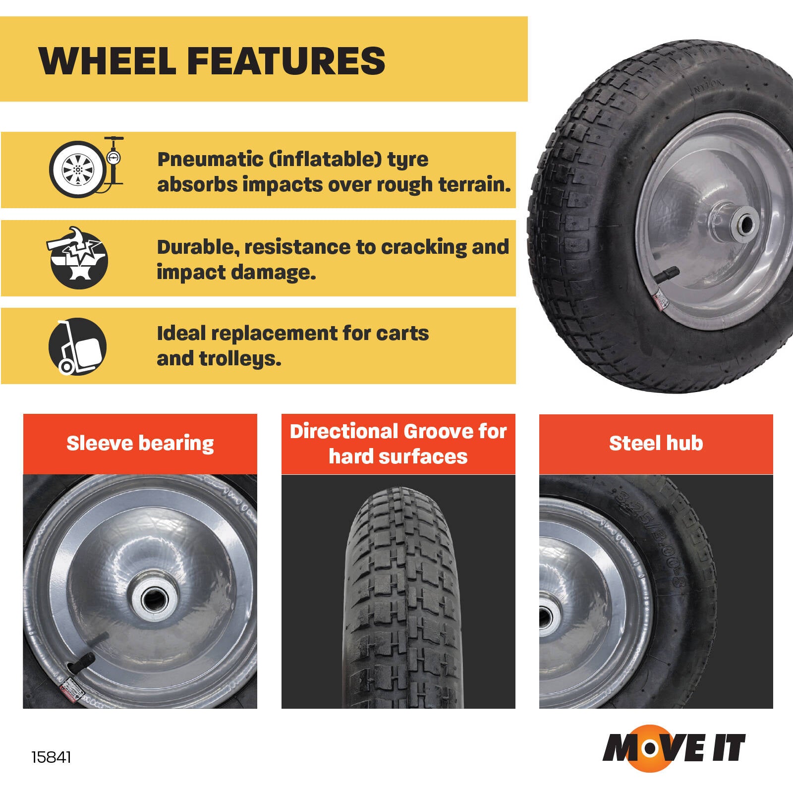 Move It 3.0 x 8" Pneumatic Wheelbarrow Wheel, 5/8" Bore, 100kg