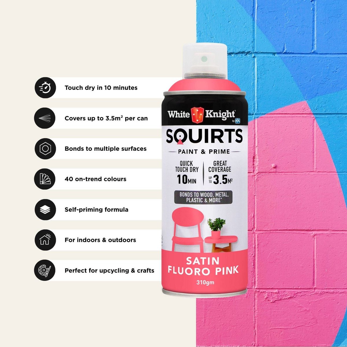 White Knight Squirts Fluro Pink Satin Spray Paint 310g Quick Dry - SuperSaverAU - view 5