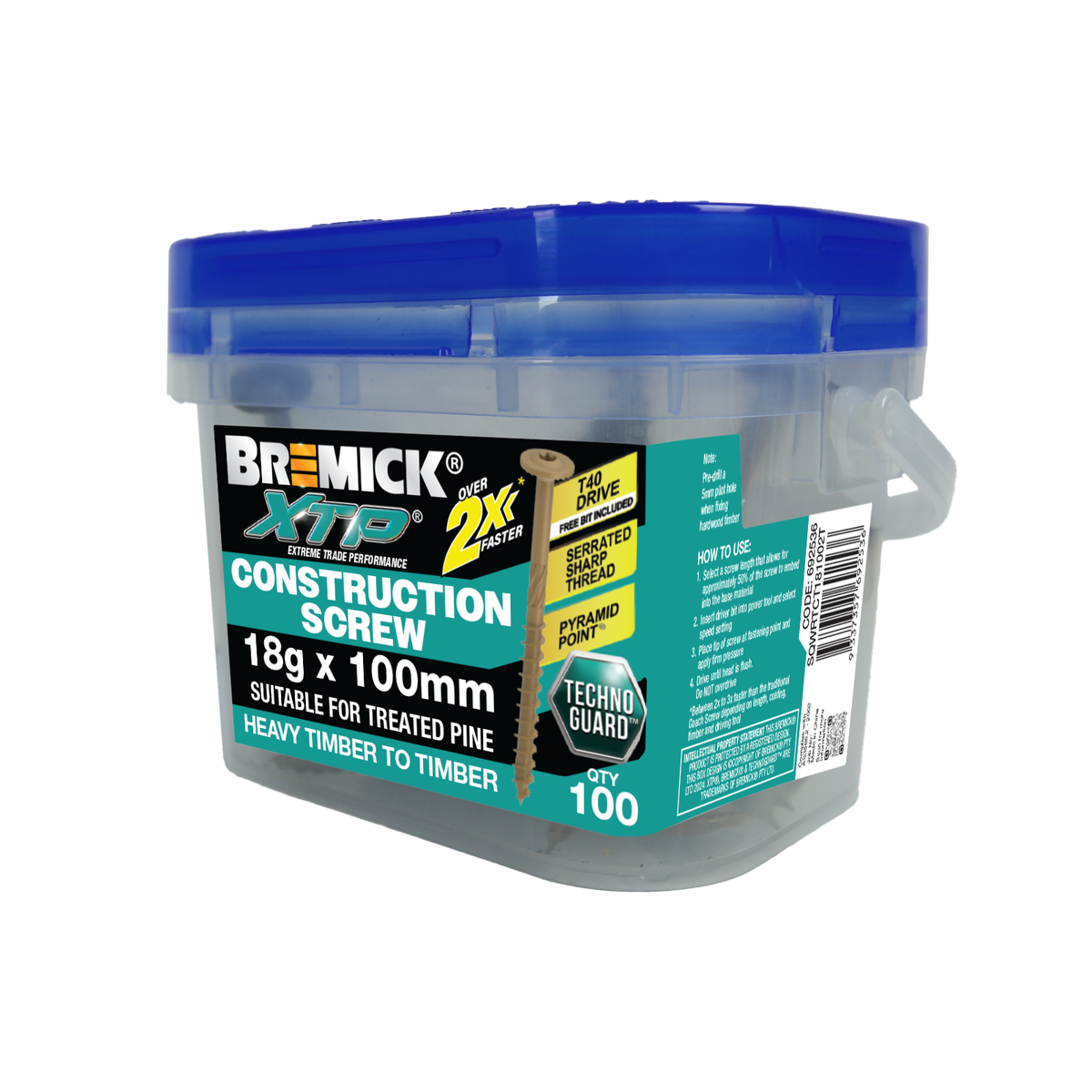 Bremick XTP Construction Screw 18g x 100mm - Technoguard Tan - 100 Pack - T40 Drive - Corrosion Resistant - SuperSaverAU - view 1