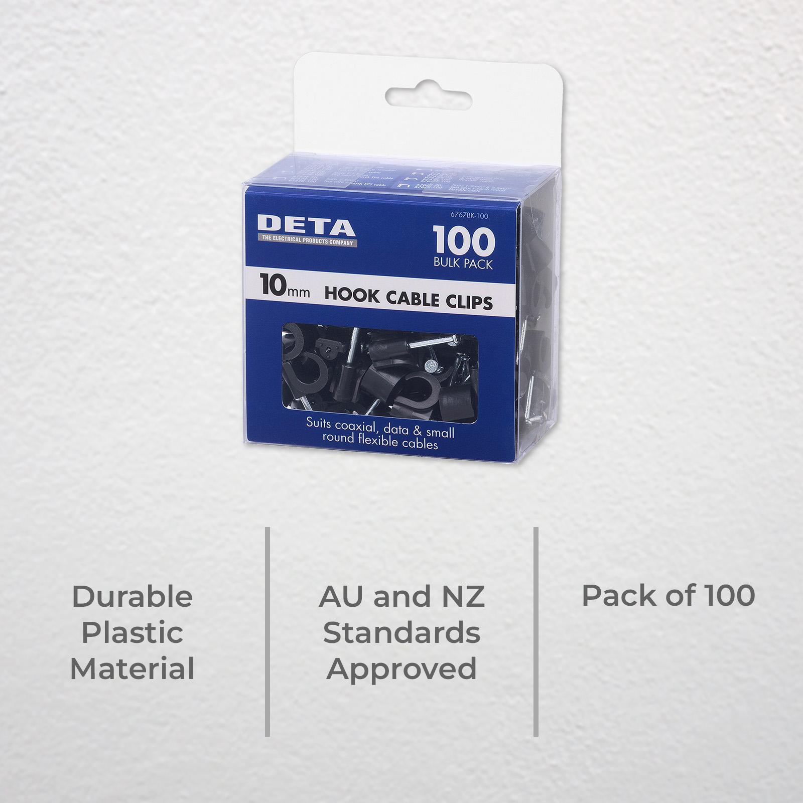 DETA 10mm Black Hook Cable Clips Plastic 100 Pack