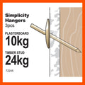 Everhang 24kg Heavy-Duty Brass Plated Steel Picture Hanging Simplicity Hook - 3 Pack