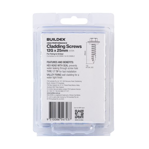 Buildex 12G x 25mm Class 3 Cladding Screws with Seal, Type 17 Hex Head - 50 Pack