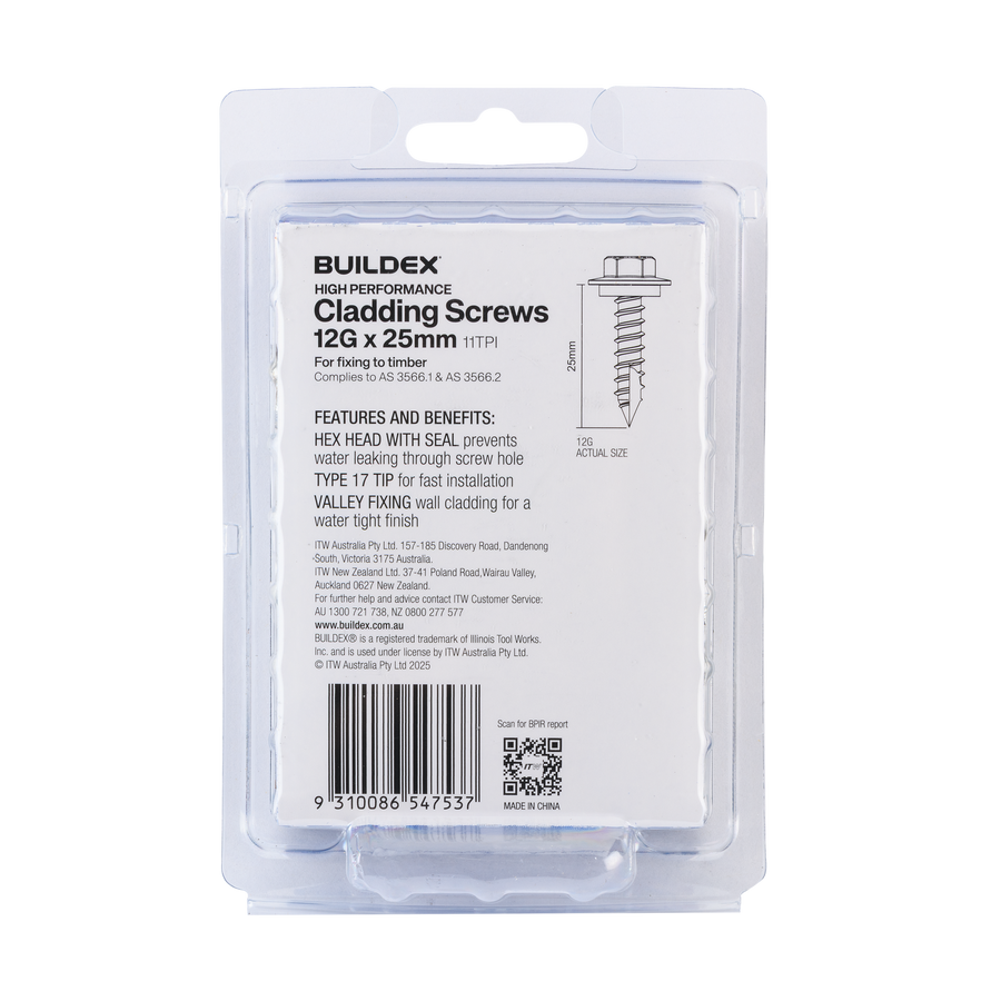 Buildex 12G x 25mm Class 3 Cladding Screws with Seal, Type 17 Hex Head - 50 Pack