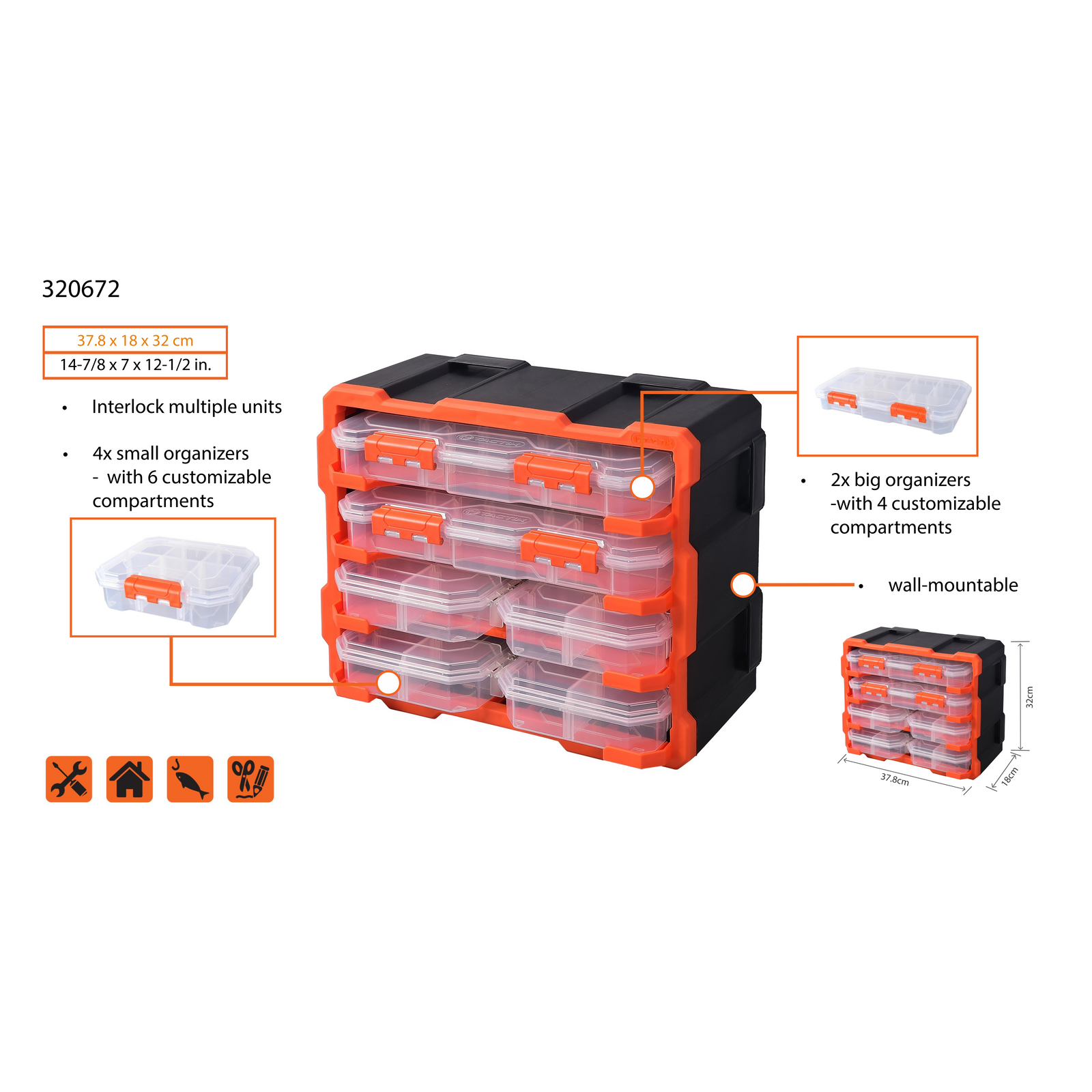 Tactix 6 Box Storage Modular Tower - Orange & Black Stackable Polypropylene Organiser