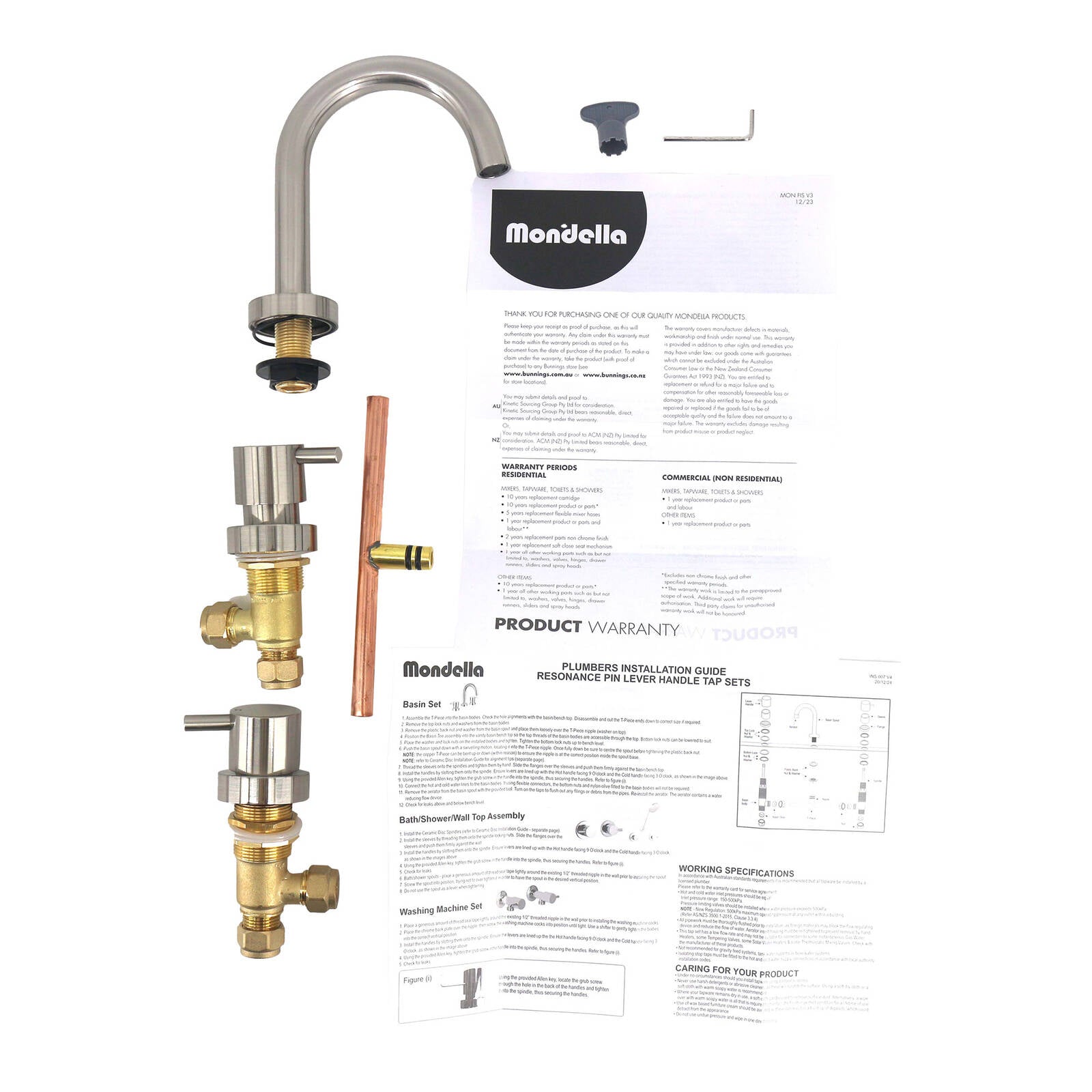 Mondella Resonance Brushed Nickel 1/4 Turn Pin Lever Basin Set, 304 Stainless Steel, 7.5L/min WELS 4 Star