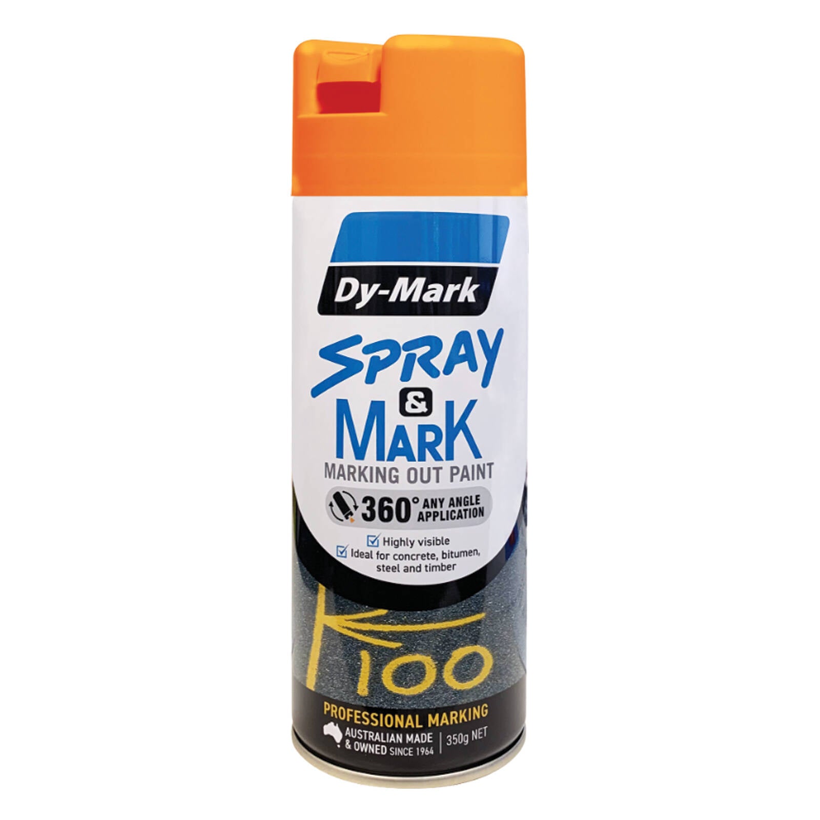 Dy-Mark 350g Fluoro Orange Spray & Mark Line Marking Paint, Inverted, Splatter Resistant