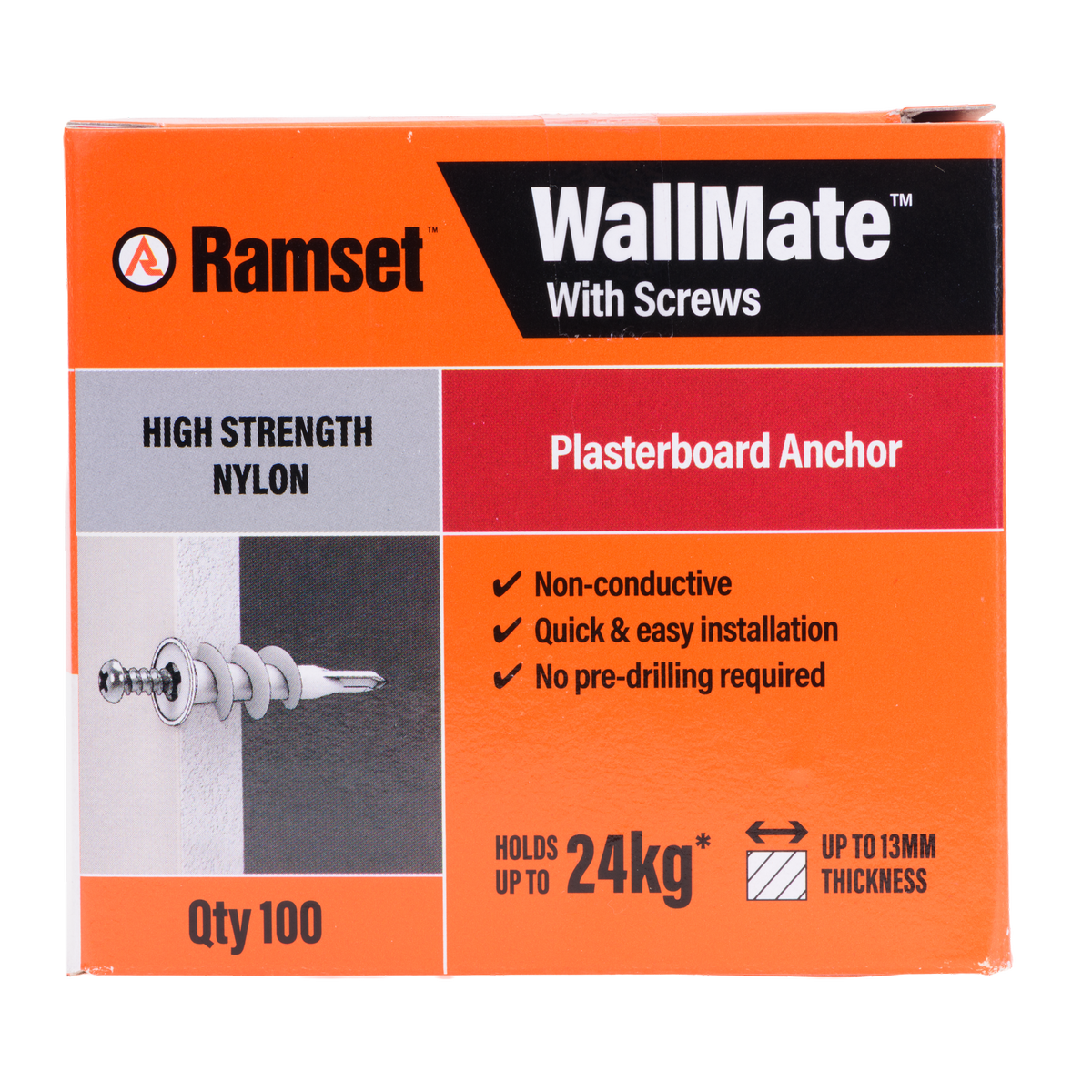 Ramset Nylon Wallmate Plasterboard Anchor with Screws 100 Pack - 75mm x 70mm x 40mm - Easy Installation, Non-Conductive - SuperSaverAU - view 1