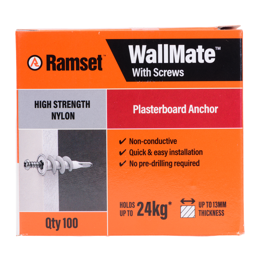 Ramset Nylon Wallmate Plasterboard Anchor with Screws 100 Pack - 75mm x 70mm x 40mm - Easy Installation, Non-Conductive - SuperSaverAU - view 1