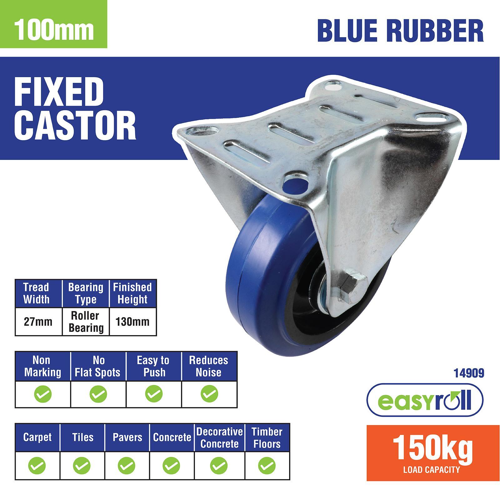 Easyroll 100mm Blue Rubber Fixed Castor 150kg Load Indoor Outdoor
