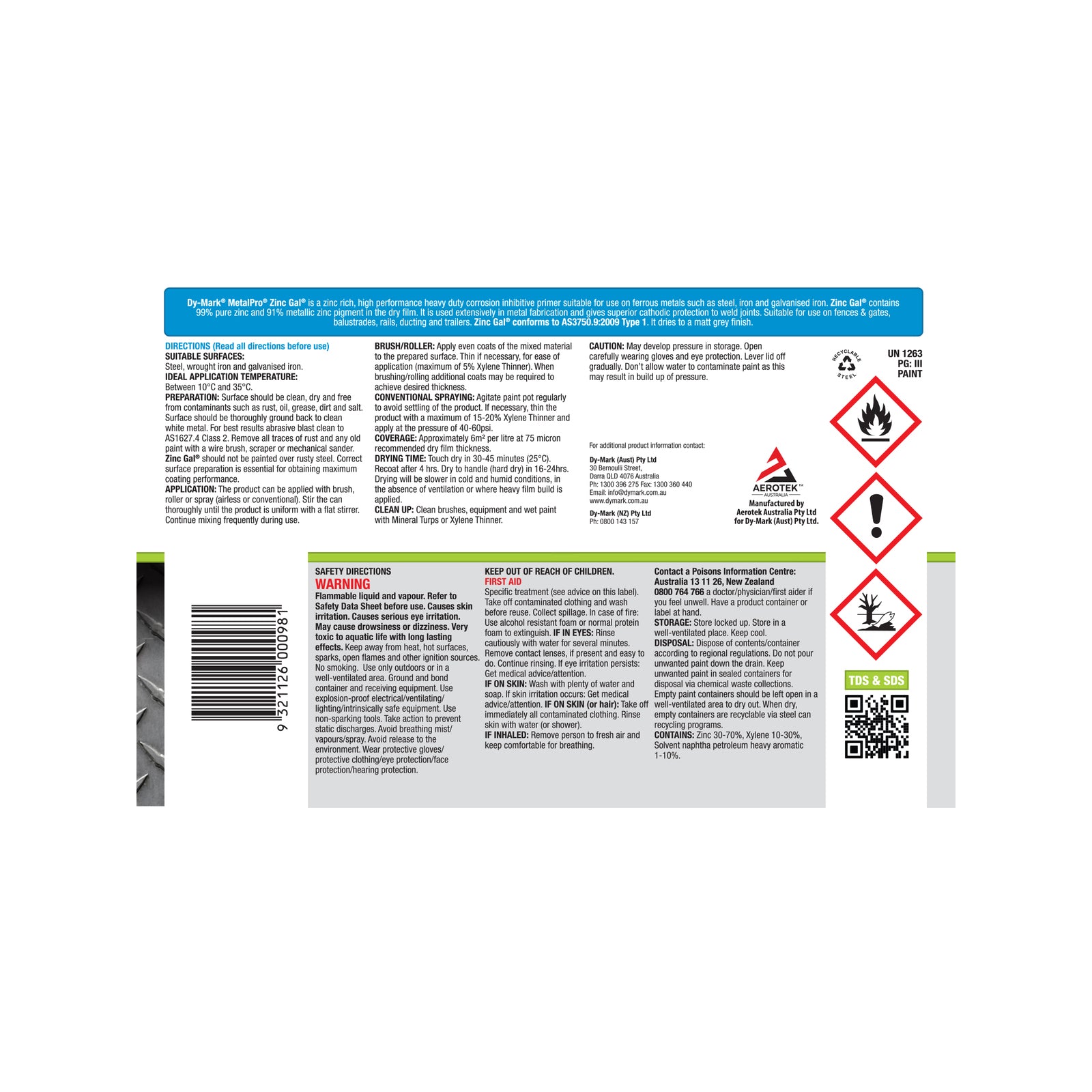 Dy-Mark MetalPro Zinc Gal Primer 1L - Grey Zinc-Rich Cold Galvanising Primer for Steel & Iron
