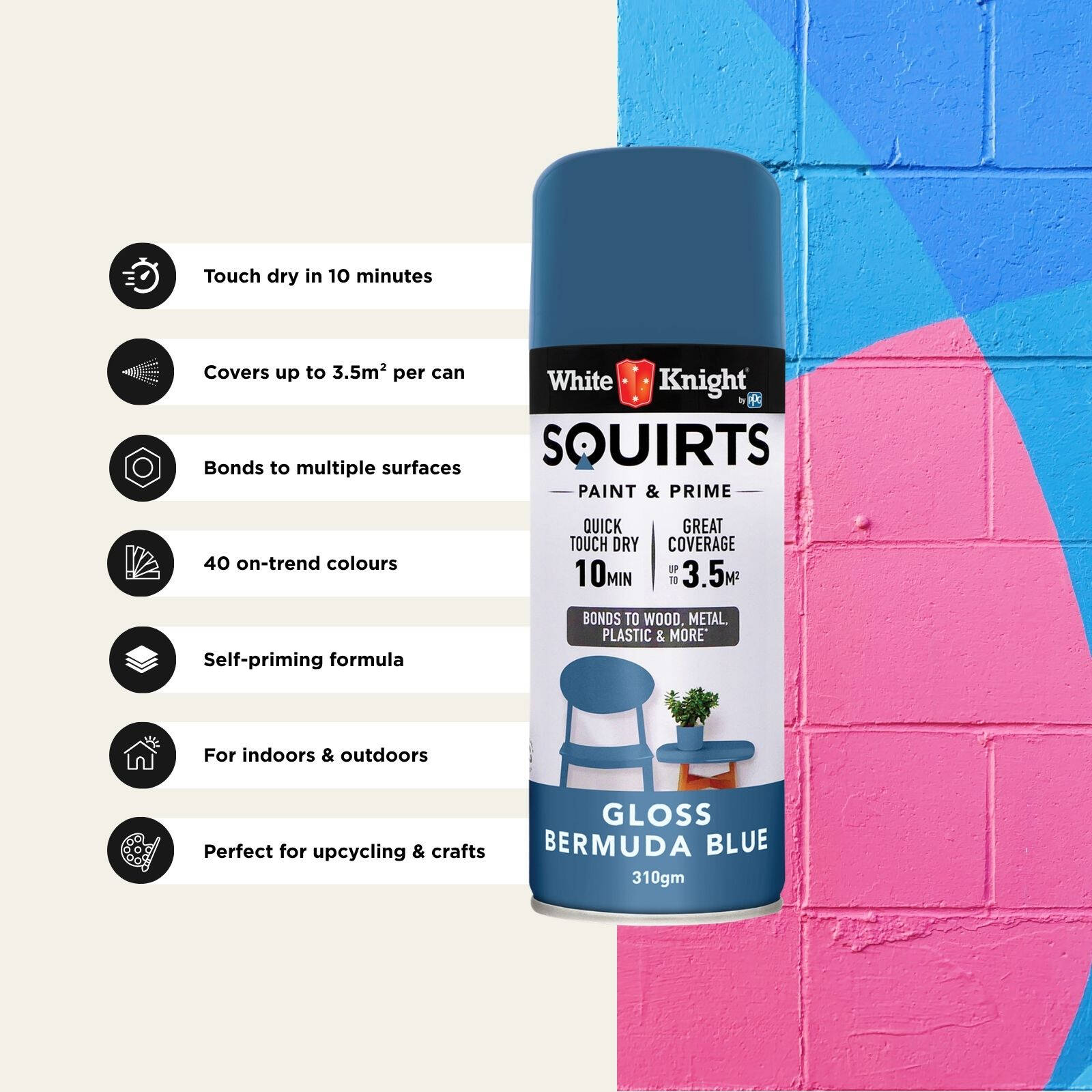 White Knight Squirts Bermuda Blue Gloss Spray Paint 310g - Solvent-Based, UV Resistant