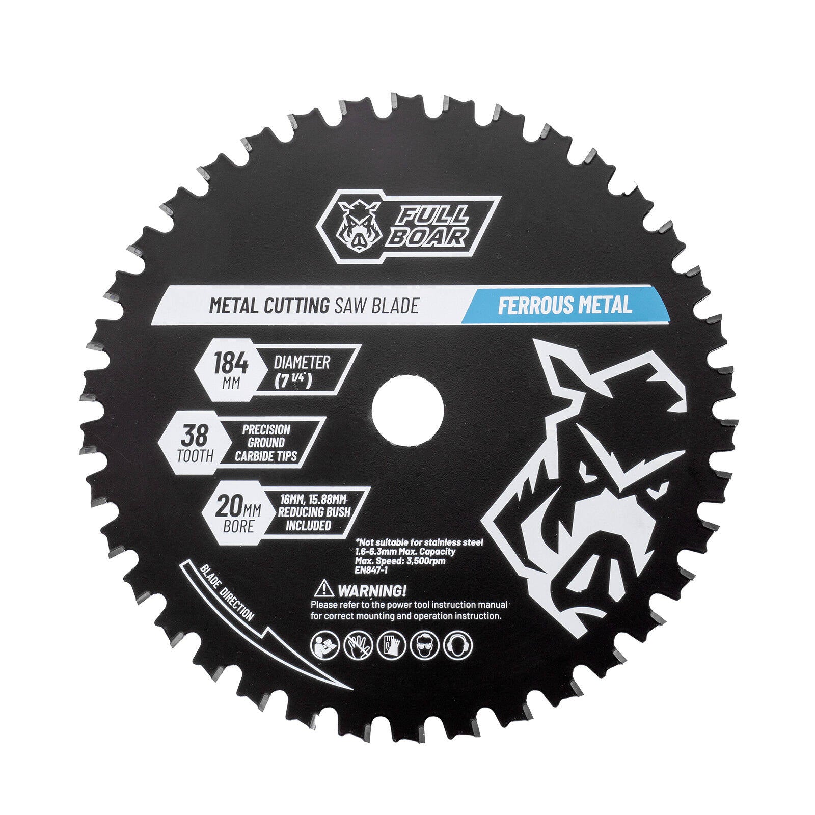 Full Boar 184mm 38T Ferrous Metal Circular Saw Blade, HRC 45 Steel, Anti-Friction Coated, 20mm Bore