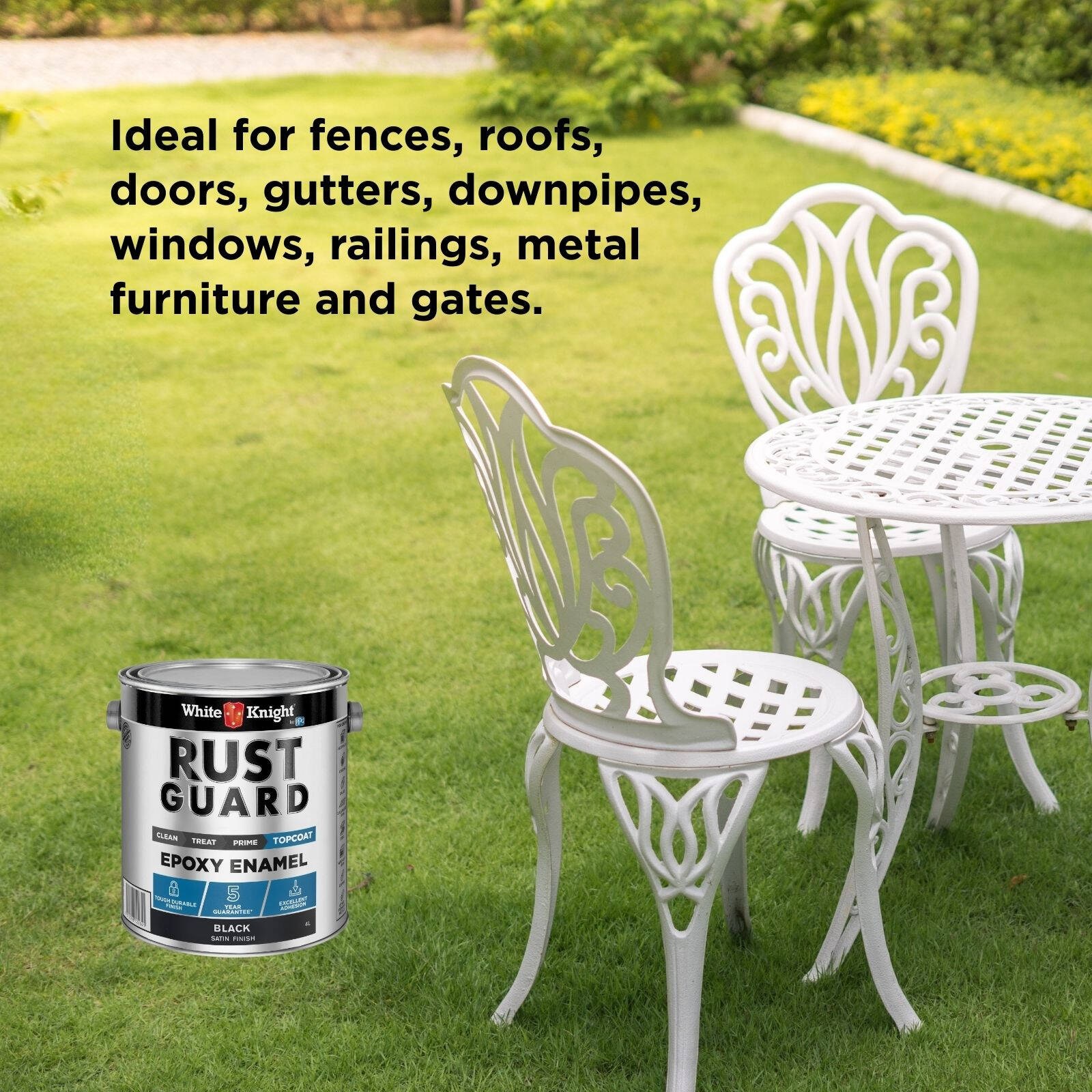 White Knight Rust Guard 4L Black Satin Epoxy Enamel Paint - Metal Coating, Indoor & Outdoor