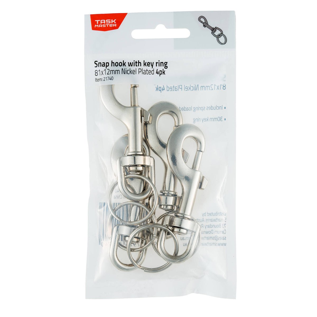 Taskmaster Nickel Plated Snap Hook with Key Ring - 81x12mm - 4 Pack - Durable - SuperSaverAU - view 2