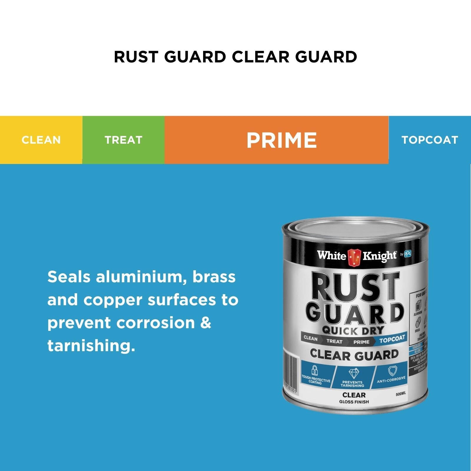 White Knight Rust Guard Clear Guard 500ml - Clear Quick Dry Topcoat for Aluminium, Brass & Copper
