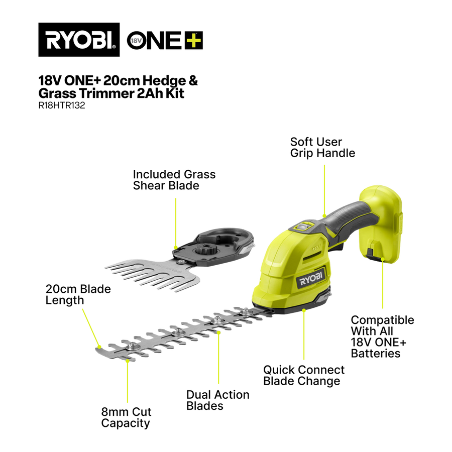 Ryobi 18V ONE+ Hedge and Grass Shears Cordless Kit, 200mm Blade, 2.0Ah R18HTR132