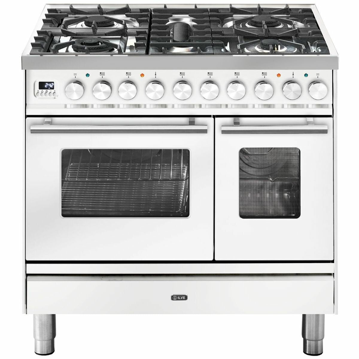 ILVE 90cm Dual Fuel Freestanding Double Oven - Five Burners, 108L, White Finish - PD09PDWE3WH
