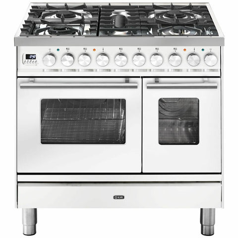 ILVE 90cm Dual Fuel Freestanding Double Oven - Five Burners, 108L, White Finish - PD09PDWE3WH