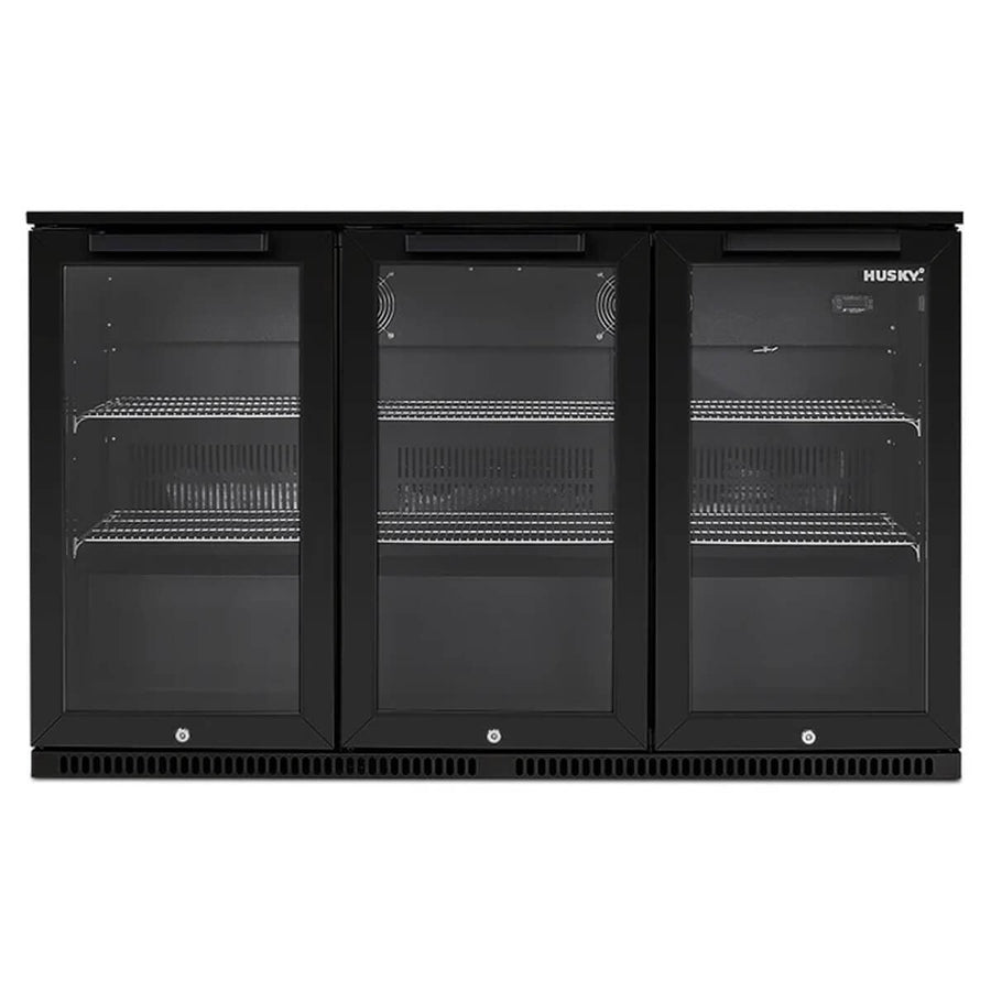 Husky 307L triple door outdoor beverage fridge - black, anti-condensation glass doors - ALFC3BLK840ELB