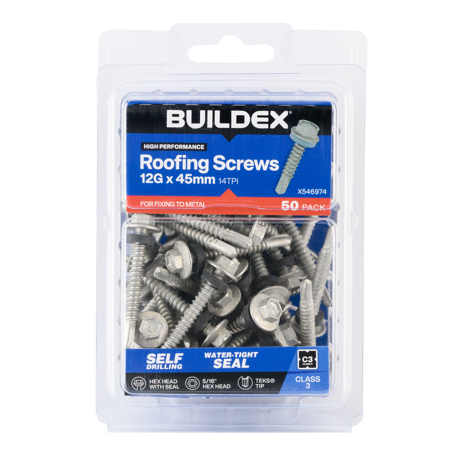 Buildex 12g x 45mm Roofing Teks Screws - 50 Pack - Class 3 Corrosion Protection - SuperSaverAU - view 1
