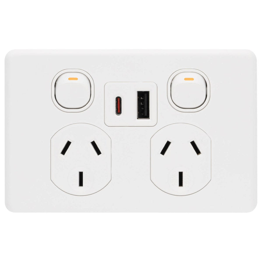 Deta Double Power Point x6 250mm White - USB A+C PD 20W Fast Charging - SuperSaverAU - view 1