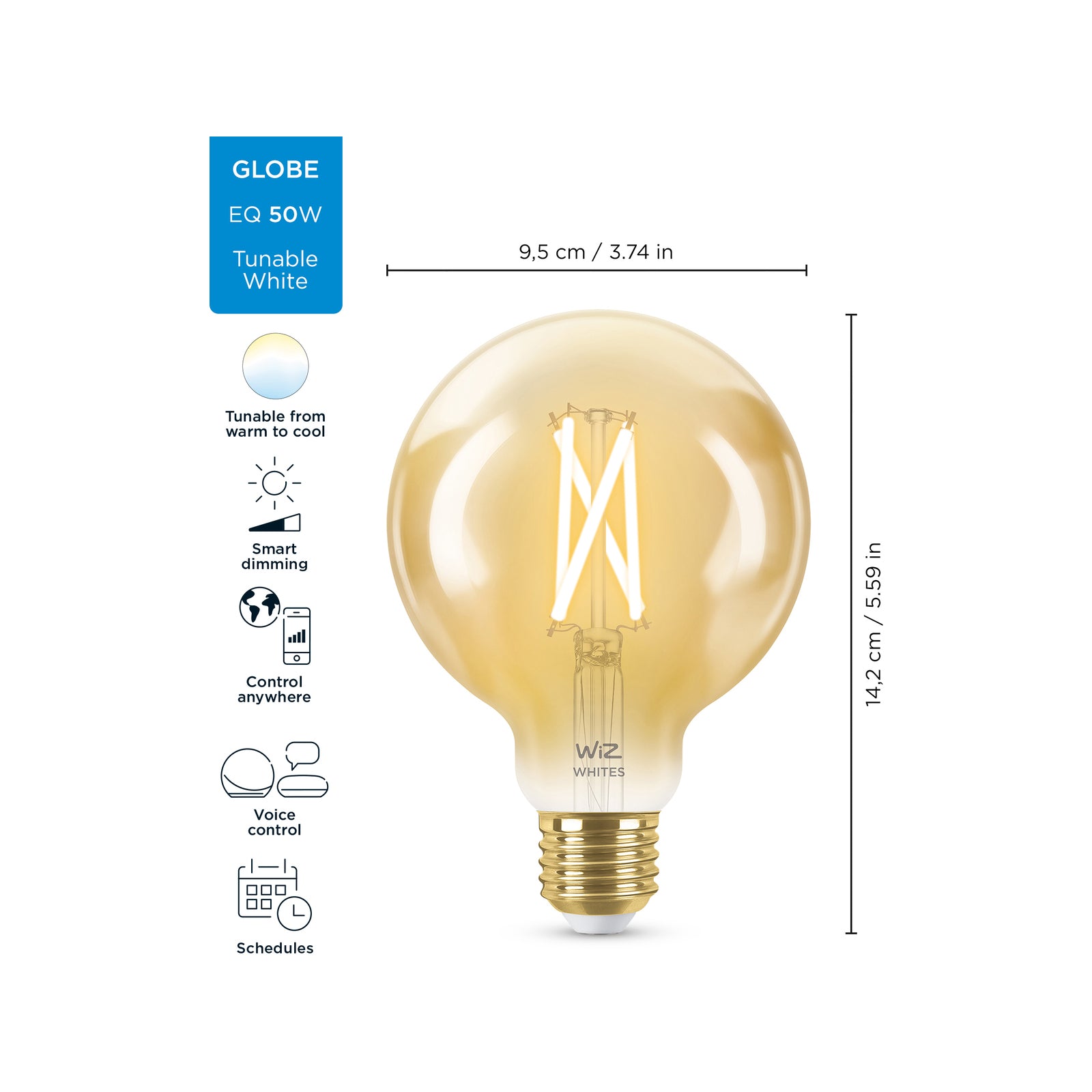 WiZ G95 E27 LED 640lm 7W Tuneable White Smart Filament Globe (929003018301)