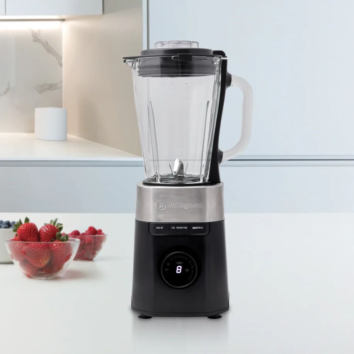 Westinghouse Blender 1.5L Glass Jug - Black with Stainless Steel Trim - 900W, 8 Speeds, Hex Blade - WHBL04K