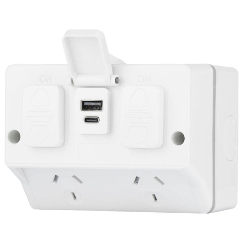 Deta Outdoor Double Power Point - IP54 - 2 Sockets - 3.4A USB - 115mm x 85mm x 83mm - SuperSaverAU - view 1