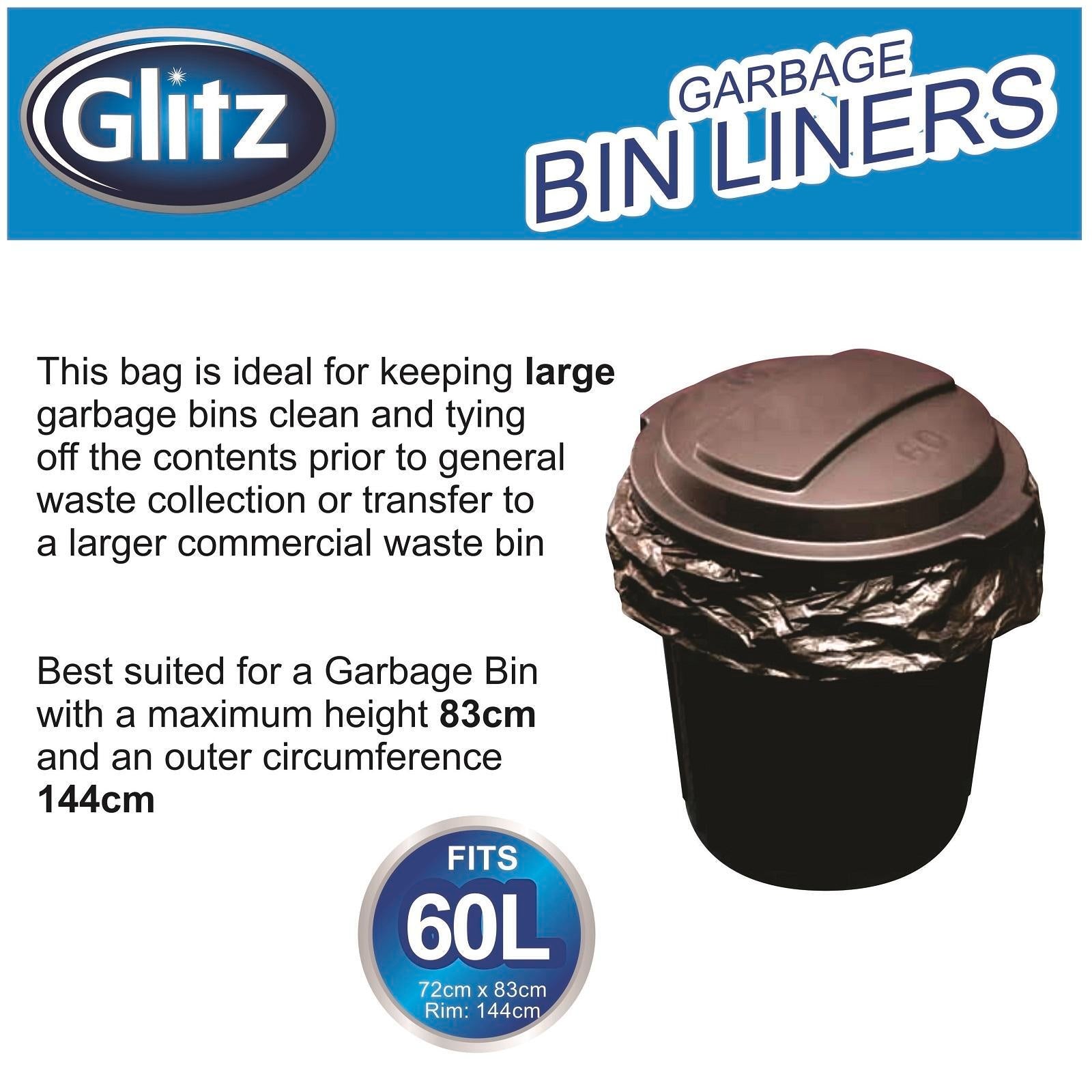 Glitz 60L Black Garbage Bags, 25 Pack, High-Density Polyethylene