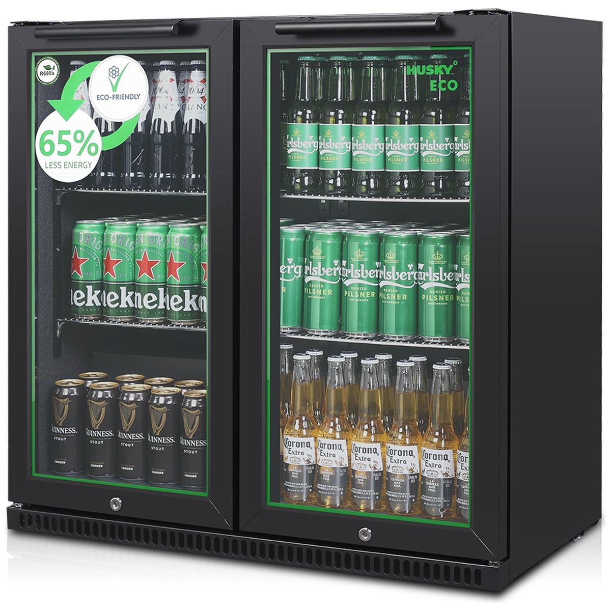 Husky 173L Eco Double Door Back Bar Drinks Chiller - Black, Electronic Controls, LED Lighting - C2HECO840BKAU
