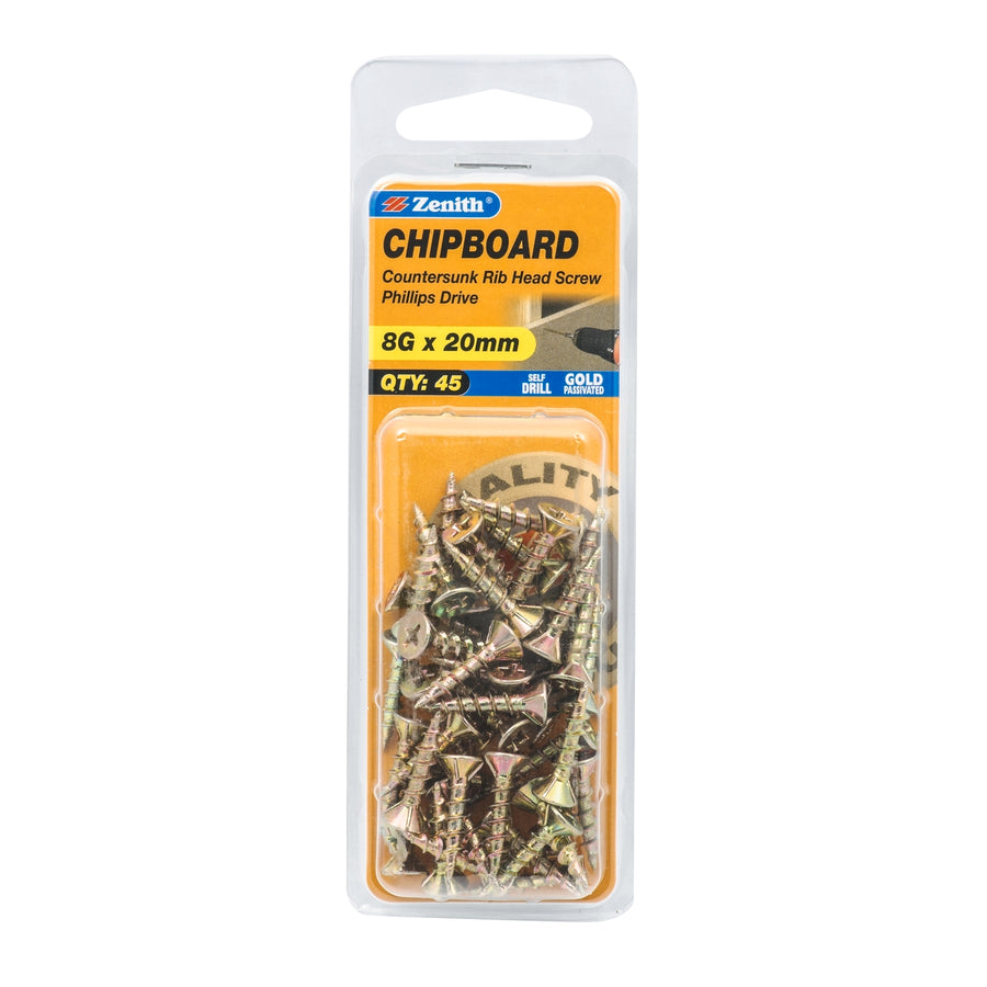Zenith 8G x 20mm Gold Passivated Countersunk Rib Head Chipboard Screws - 45 Pack