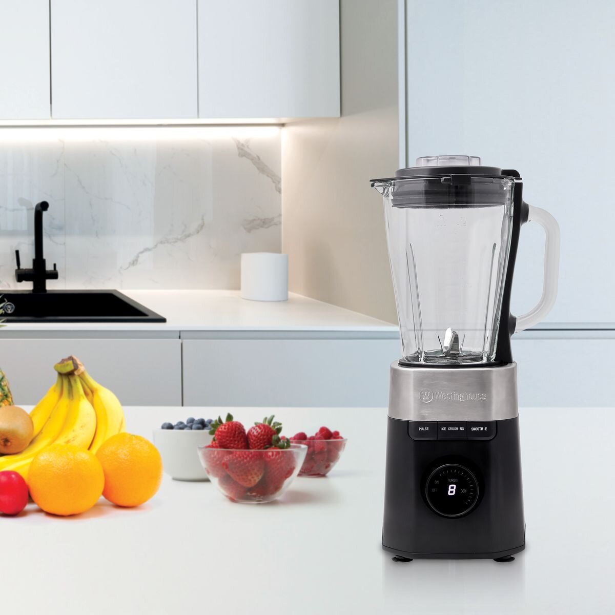 Westinghouse Blender 1.5L Glass Jug - Black with Stainless Steel Trim - 900W, 8 Speeds, Hex Blade - WHBL04K