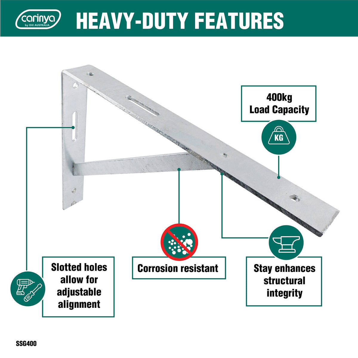 Carinya 400 x 300mm Galvanised Heavy Duty Straight Stay Bracket, 400kg Capacity, Multi-Orientation