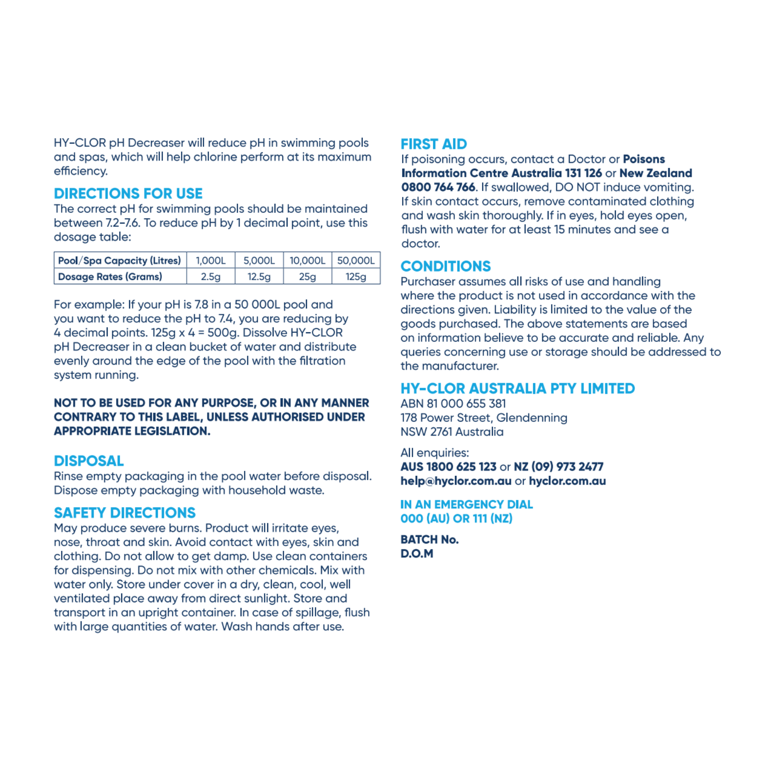 Hy-Clor Dry Acid pH Decreaser 3kg Sodium Bisulphate Soft Pack