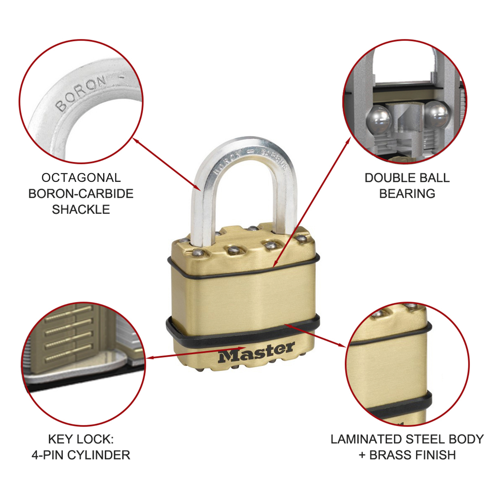 Master Lock 50mm Excell Padlock 4 Pack Laminated Steel Boron-Carbide Shackle