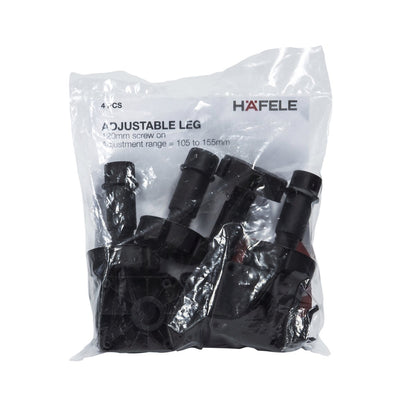 Hafele 120mm Black Adjustable Screw on Leg Set 4 Pack - Cabinet Leveling