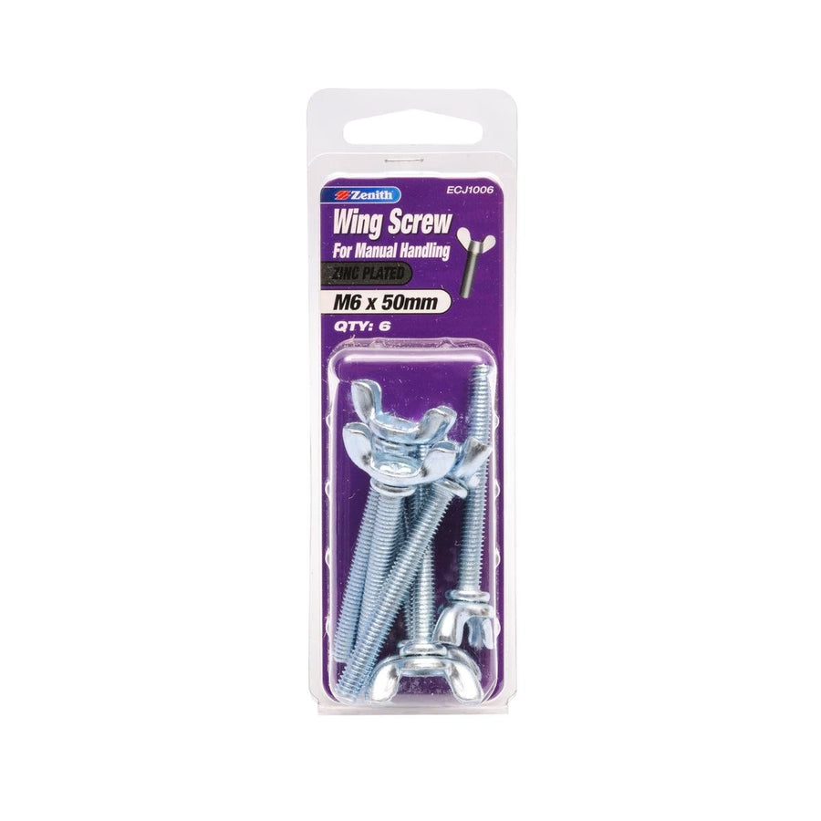 Zenith M6 Zinc Plated Wing Screw 50mm - 6 Pack - Silver - SuperSaverAU - view 1